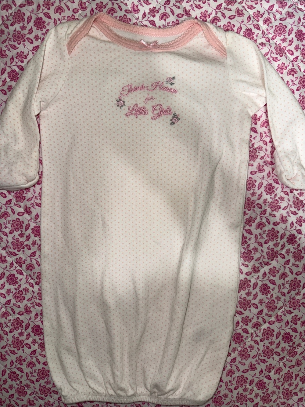 Little Me White Gown with Pink Trim and Dots 0-3M